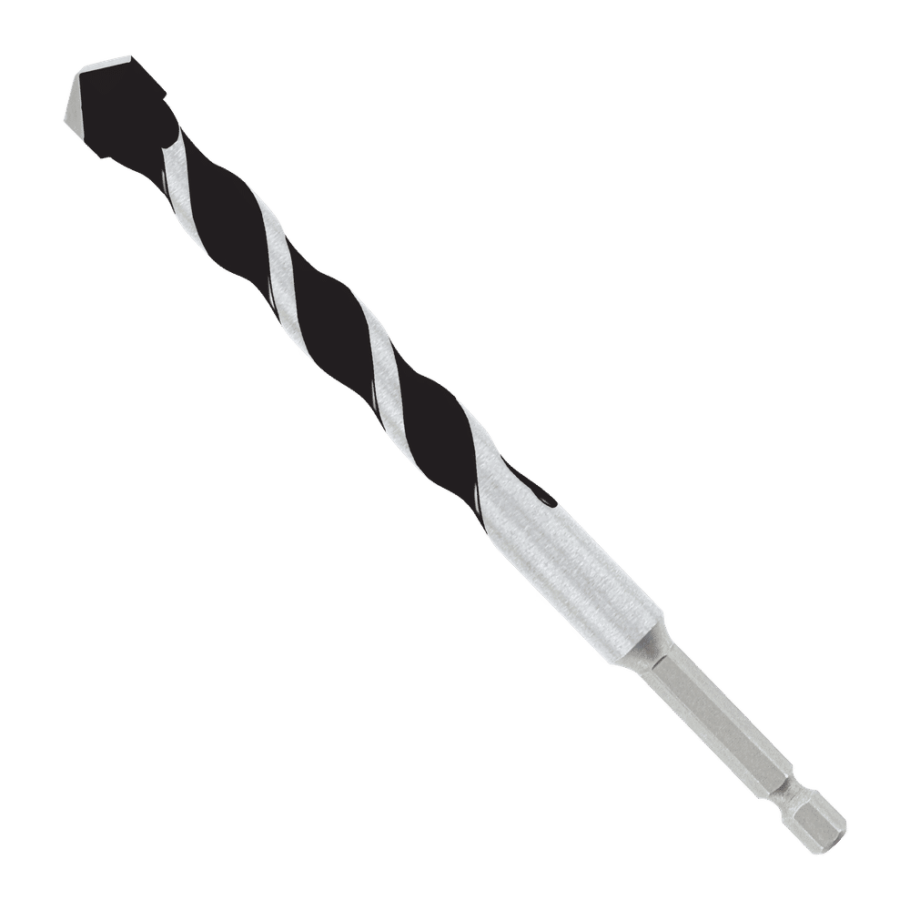 Close-up of a Diablo DMAMM1120 1/2 in. x 4 in. x 6 in. Multi-Material Carbide-Tipped Hammer Drill Bit, featuring a silver and black design with a hex shank and Impact Strong technology for efficient drilling into various materials with power drills.